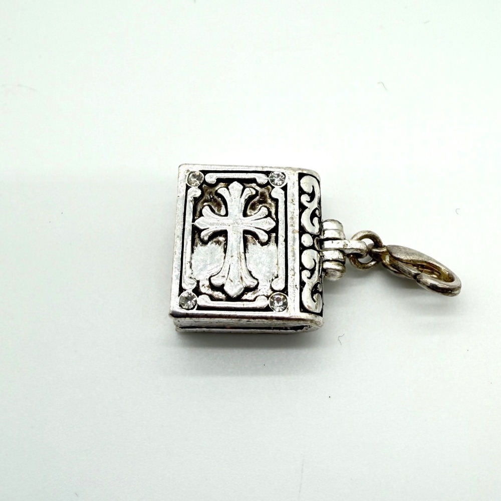 Silver Tone Holy Bible‎ Charm With Cross and Rhinestones Lobster Clasp Pendant - Picture 2 of 5